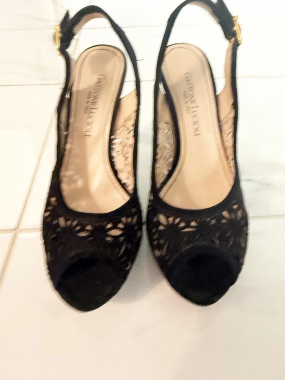 Gastone Lucioli Collette Slingbacks Suede Black Peep Toe Heels 8.5